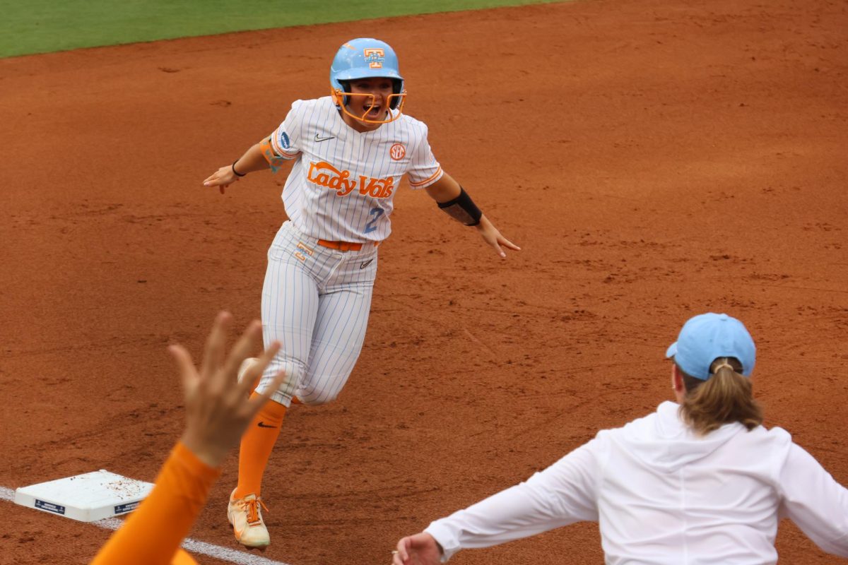 Tennessee Lady Vols outfielder Sophia Knight celebrates her second career home run on Thursday, May 21, 2026, in Knoxville, Tenn.