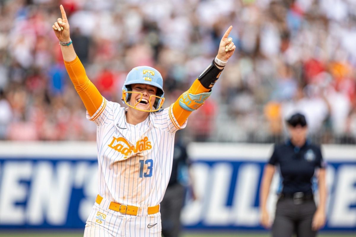Tennessee Lady Vols infielder Emma Clarke Sophia Knight celebrates a home run on Saturday, May 30, 2026, in Oklahoma City.